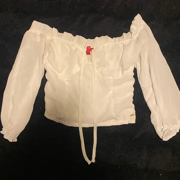 Guess White Off-Shoulder Blouse with Tie Detail - Picture 1 of 2